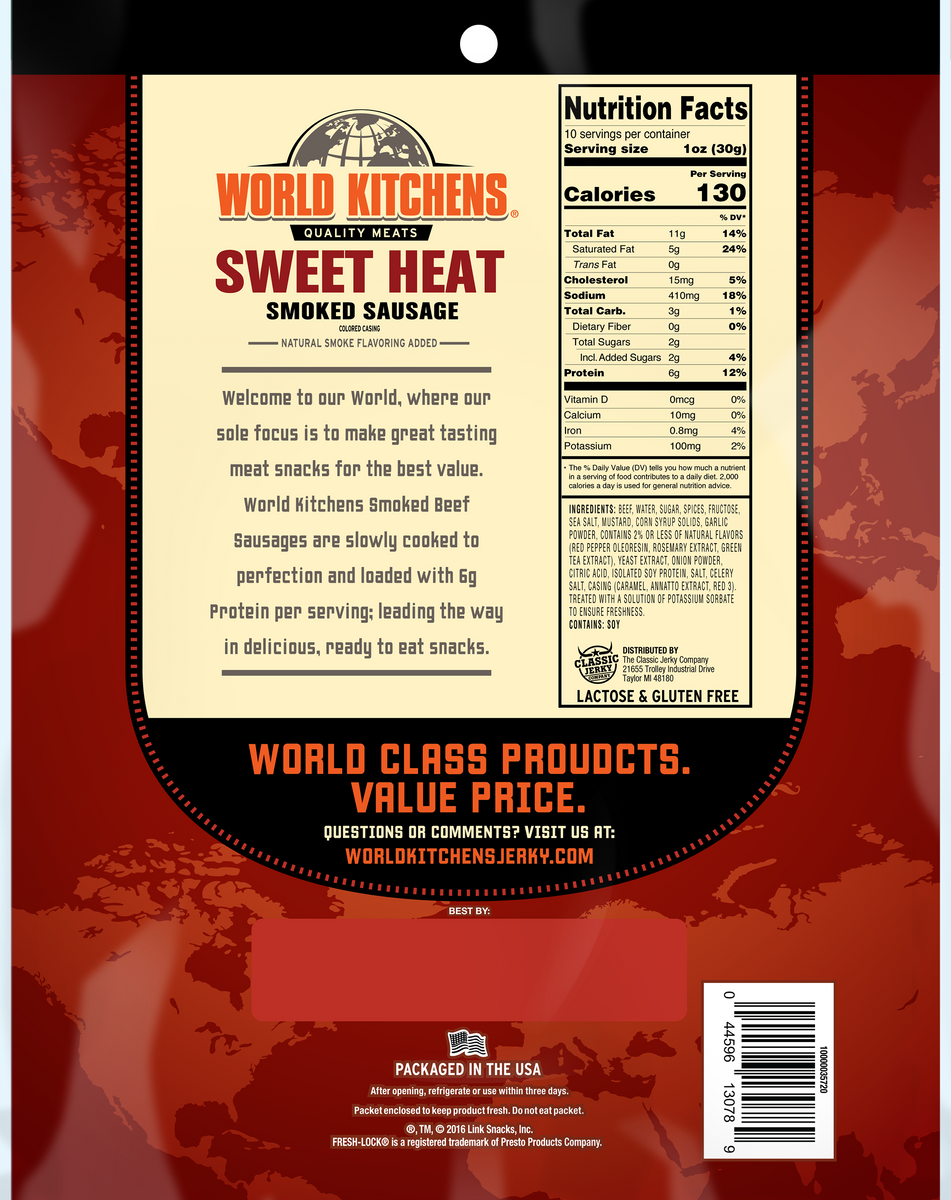 10oz World Kitchen's® Smoked Sausages Sweet Heat Link Snacks, Inc